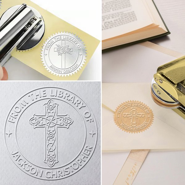 Personalised Religious Cross Book Embosser Stamp with Text Hand Held Set Baptism Confirmation Gift for Christians Book Lovers