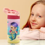 Personalised Marine Mermaid Stainless Steel Name Kid Water Bottle with Silicone Straw Birthday Gift for Girl