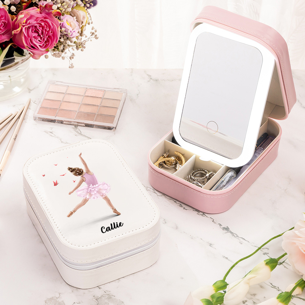 Boîte à bijoux personnalisée en cuir pour ballerine avec nom et lumière LED Miroir de maquillage Cadeau d'anniversaire pour ballerine
