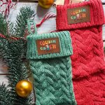 Personalized Cousin Crew Cartoon Leather Patch Knitted Christmas Stocking with Name Fireplace Holiday Party Decor Festival Gift for Family Kids