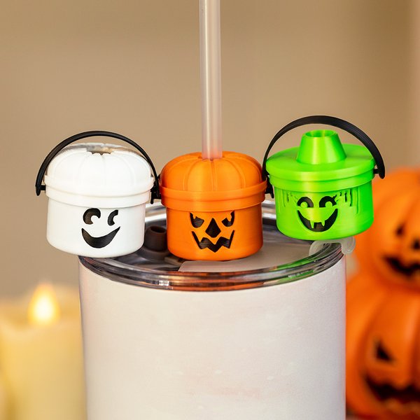 Personalised Witch Ghost Pumpkin Set of 3 Drinking Cups Straw Covers Toppers with Initial Halloween Decor Party Gift for Friends Family
