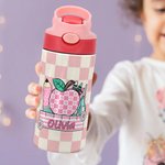 Personalised Cute Apple Stationery 12oz Insulated Water Bottle with Name and Silicone Straw Back to School Birthday Gift for Kids
