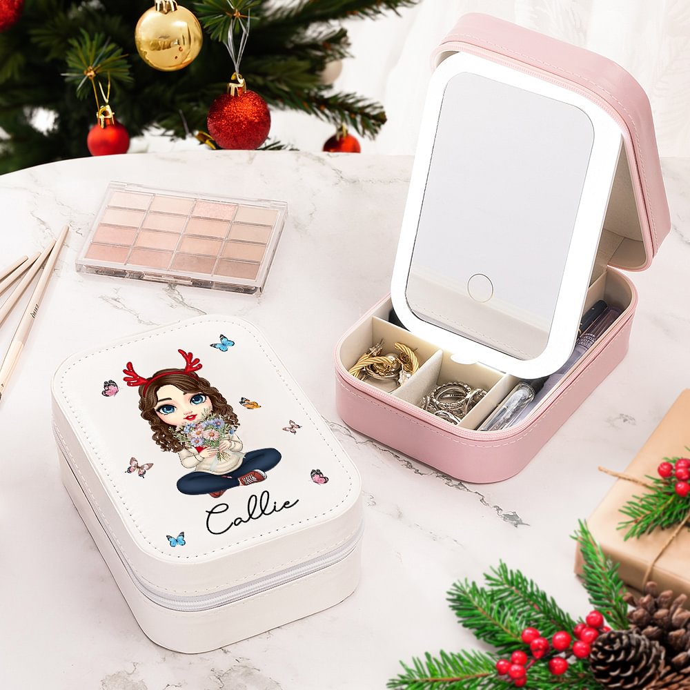 Boîte à Bijoux de Voyage en Cuir Personnalisée avec Nom Miroir de Maquillage LED à Couleurs Changeantes Cadeau de Noël pour Femme