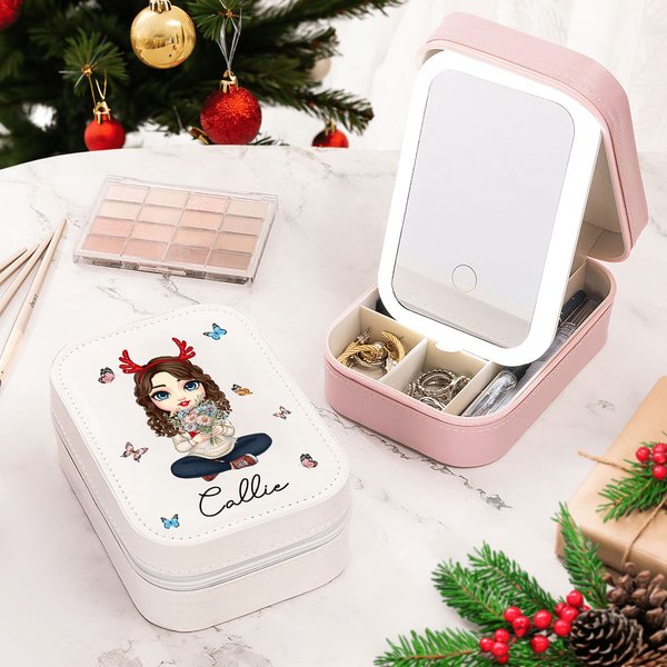 Personalisiertes PU-Leder Cartoon-Figur Geburtsblumen Reise-Schmuckkästchen mit Namen und Drei LED-Lichtmodi Make-up-Spiegel Geschenk für Damen