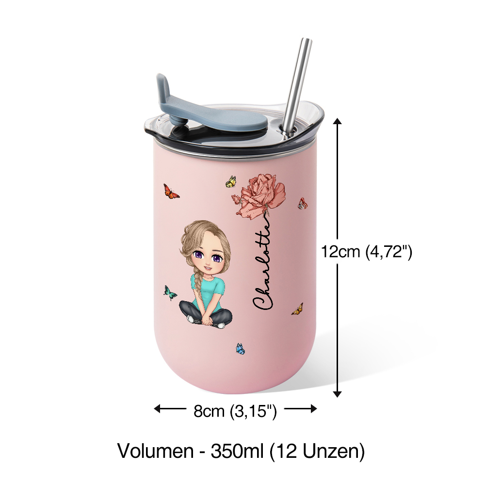 Isolierbecher Edelstahl 590 Ml, Mit Deckel & 2 Strohhalmen, Schwarz Dackel-Muster, Für Auto & Unterwegs