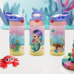 Personalised Marine Mermaid Stainless Steel Name Kid Water Bottle with Silicone Straw Birthday Gift for Girl