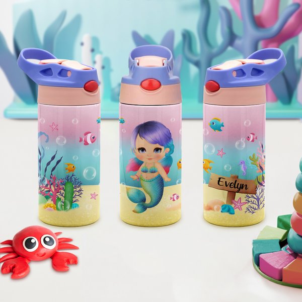 Personalized Marine Mermaid Stainless Steel Name Kid Water Bottle with Silicone Straw Birthday Gift for Girl