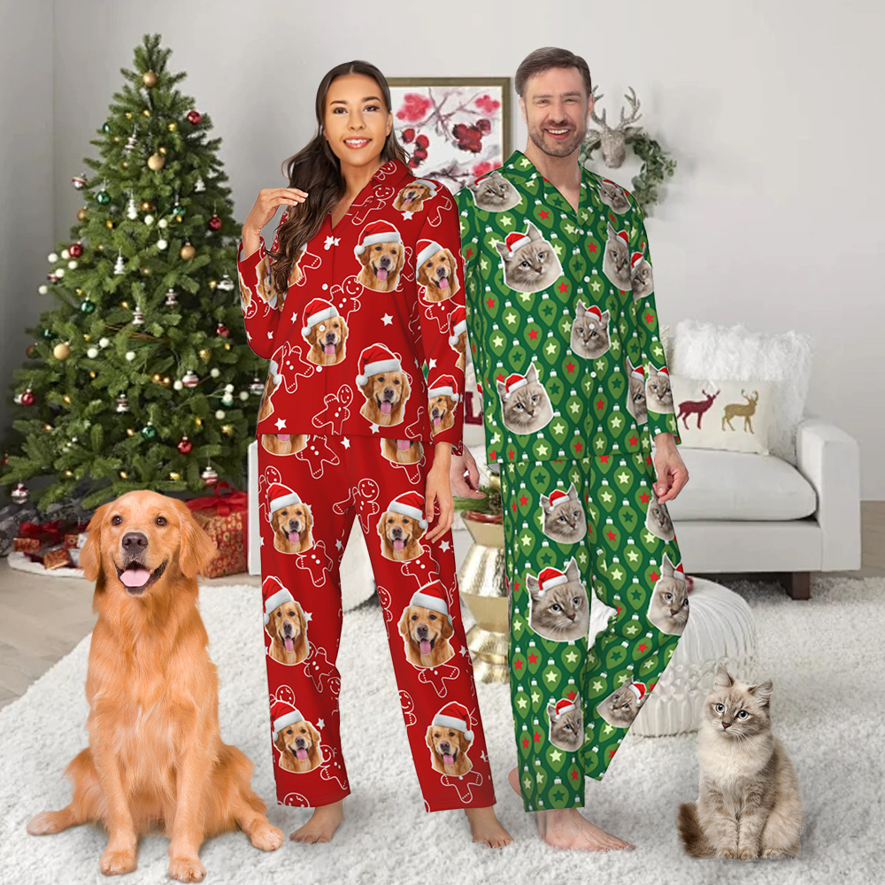 Chapeau de Noël personnalisé Portrait de chien et de chat Pyjama unisexe à manches longues avec poches Cadeau d'anniversaire de Noël pour les amoureux