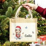 Personalised Cartoon Mom Grandma Holding Birth Flower Bouquet Large Jute Tote Bag with Name and Canvas Pocket Birthday Christmas Gift for Women