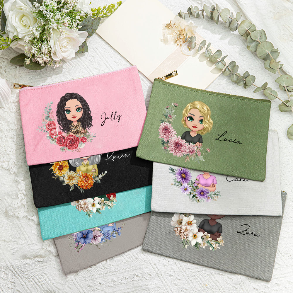 Sac de maquillage personnalisé avec nom et fleur de naissance multicolore Cadeau de voyage pour les femmes et les filles