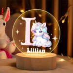 Veilleuse LED Personnalisée avec Nom et Initiale à Motif de Licorne Mignonne Base en Bois Cadeau Anniversaire Baby Shower pour Enfant Bébé