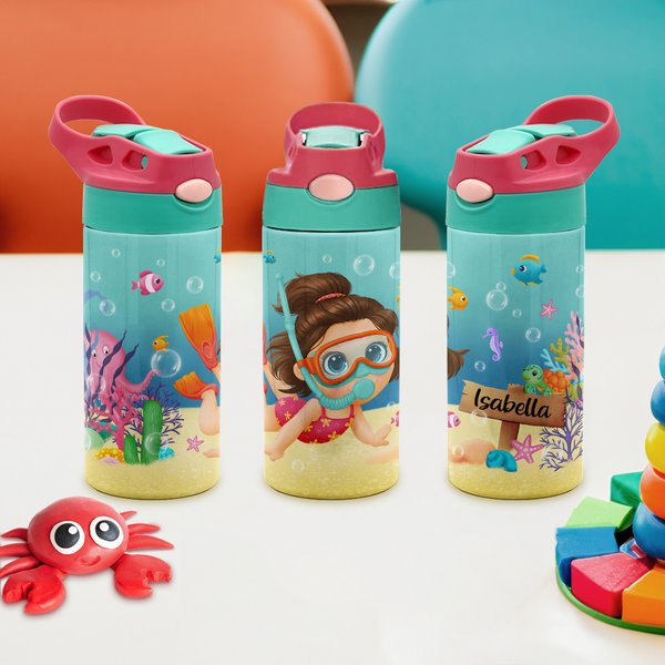 Bouteille Isotherme Personnalisée avec Nom et Motif à Thème Plongée Cadeau de Voyage Plage pour Enfant