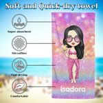 Personalized Faux Glitter Cartoon Quick Dry Oversized Microfiber Beach Towel with Name Summer Travel Essential Birthday Gift for Women Girls