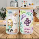 Personalized My Mental Breakdown Cartoon Characters 20oz Name Glass Cup with Bamboo Lid and Straw Birthday Gift for Family Friend
