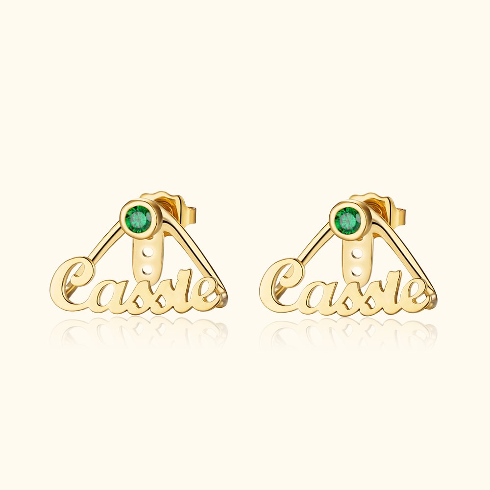 Boucles d'Oreilles Minimalistes Personnalisées avec Pierre de Naissance et Nom Cadeau Anniversaire Bijoux pour Femme
