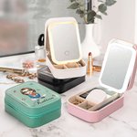 Personalised Cartoon Character Birth Flower Bouquet Leather Travel Jewellery Box with Name Changing Colour LED Makeup Mirror Christmas Gift for Women