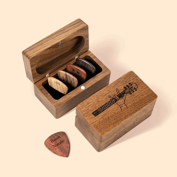 Set personalizzato di plettri in legno per chitarra con scatola magnetica e testo e simbolo incisi regalo di compleanno per musicista chitarrista