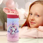 Botella de agua para niños con asa y pajita de silicona personalizada Fantasy Rainbow Unicorn Castle 12oz Insulated Kid Water Bottle with Handle and Silicone Straw Birthday Christmas Gift for Girls