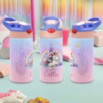 Botella de agua para niños con asa y pajita de silicona personalizada Fantasy Rainbow Unicorn Castle 12oz Insulated Kid Water Bottle with Handle and Silicone Straw Birthday Christmas Gift for Girls