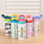 Gourde Multicolore Personnalisée de Nom et Motif Bouteille d'Eau avec Paille en Silicone pour Enfants Cadeau d'Anniversaire pour Garçons et Filles