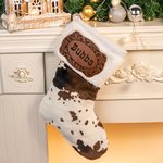 Personalisierter Western Cowboy Kuhdruck Muster Fleece Weihnachtsstrumpf mit Namen Lederaufnäher Baum Ornament Fest Deko Geschenk für Familie Kinder