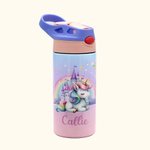 Botella de agua para niños con asa y pajita de silicona personalizada Fantasy Rainbow Unicorn Castle 12oz Insulated Kid Water Bottle with Handle and Silicone Straw Birthday Christmas Gift for Girls