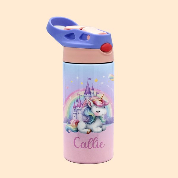 Botella de agua para niños con asa y pajita de silicona personalizada Fantasy Rainbow Unicorn Castle 12oz Insulated Kid Water Bottle with Handle and Silicone Straw Birthday Christmas Gift for Girls