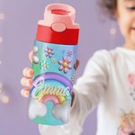 Personalisierte 3D Blume Regenbogen 12oz Kind Wasserflasche mit Silikon Stroh zurück zu Schule im Freien Zubehör Geschenk für Kinder