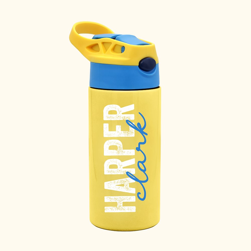 Gourde Isotherme Personnalisée avec Nom Bouteille 350ml avec Paille en Silicone et Anse Cadeau Anniversaire Rentrée Scolaire pour Enfant