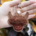 Personalised Embroidery Multicolor Fringe Bangs Highland Cow Leather Keychain with Name Birthday Gift for Highland Cow Lovers