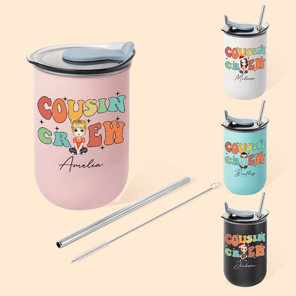 Personalised Colorful Letter Cousin Crew Cartoon 12oz Lowball Insulated Tumbler with Flip Lid and Straw Birthday Christmas Gift for Kids Family