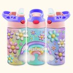 Personalisierte 3D Blume Regenbogen 12oz Kind Wasserflasche mit Silikon Stroh zurück zu Schule im Freien Zubehör Geschenk für Kinder