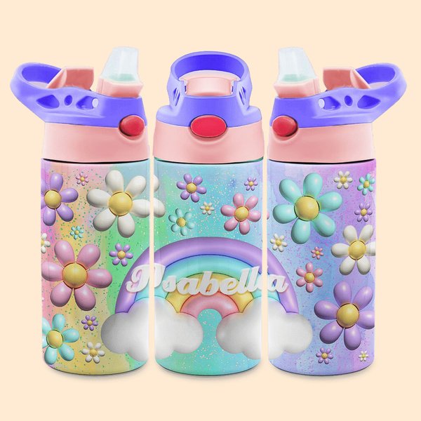 Gourde Personnalisée avec Nom Motif en 3D Bouteille avec Paille en Silicone Accessoire de Sport Cadeau Rentrée Scolaire pour Enfant