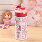 Gourde Multicolore Personnalisée de Nom et Motif Bouteille d'Eau avec Paille en Silicone pour Enfants Cadeau d'Anniversaire pour Garçons et Filles