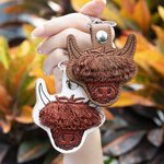 Personalised Embroidery Multicolor Fringe Bangs Highland Cow Leather Keychain with Name Birthday Gift for Highland Cow Lovers