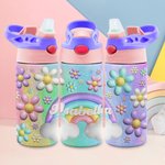 Personalisierte 3D Blume Regenbogen 12oz Kind Wasserflasche mit Silikon Stroh zurück zu Schule im Freien Zubehör Geschenk für Kinder