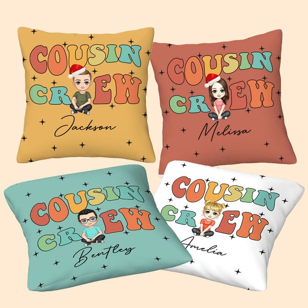 Personalized Cousin Crew Cartoon Character Soft Throw Pillow Cover with Name Home Decor Christmas Gift for Family