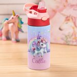 Botella de agua para niños con asa y pajita de silicona personalizada Fantasy Rainbow Unicorn Castle 12oz Insulated Kid Water Bottle with Handle and Silicone Straw Birthday Christmas Gift for Girls