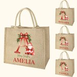 Personalizado Feliz Navidad Acebo Lazo Inicial Santa Claus Bolsa de yute con nombre Festival Fiesta Familia Regalo para Mujeres Niñas