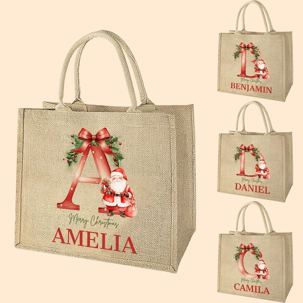 Personalizado Feliz Navidad Acebo Lazo Inicial Santa Claus Bolsa de yute con nombre Festival Fiesta Familia Regalo para Mujeres Niñas