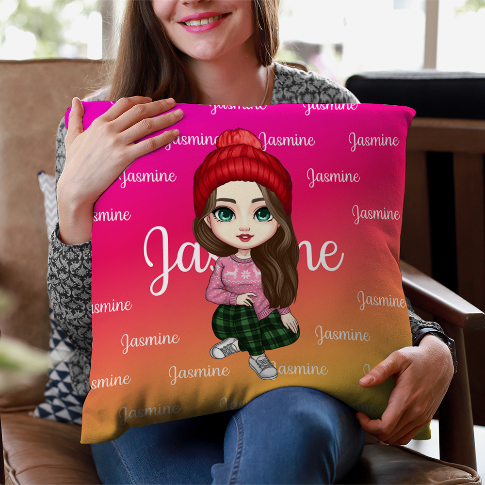 Housse de Coussin Personnalisée avec Nom et Personnage de Dessin Animé Décoration de la Maison Cadeau Noël Anniversaire pour Famille Enfant