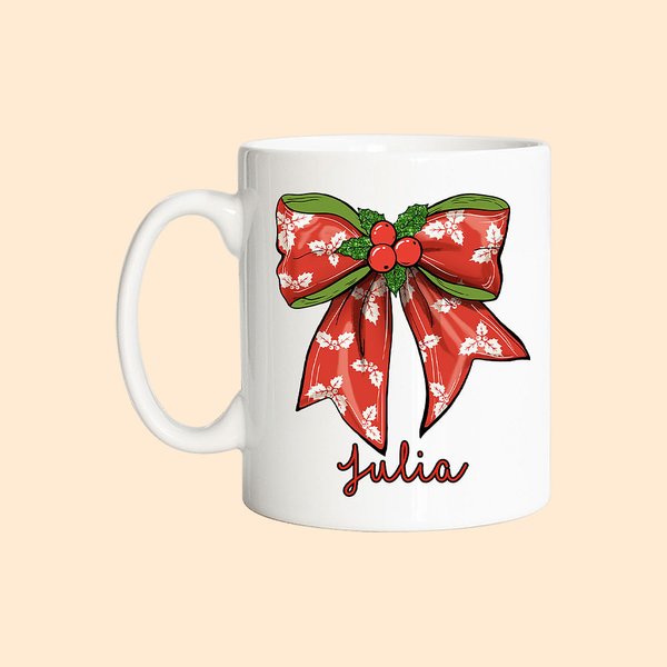 Gepersonaliseerde kerst thema hulst snoep kleurrijke lichten geruite boog keramische mok met naam kerstfeest geschenk voor familie vriend