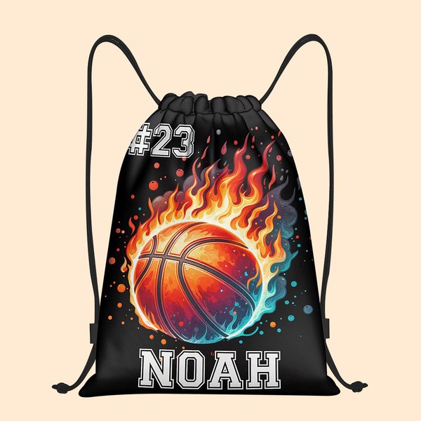 Personalised Fire Flame Baseball Basketball Softball Sports Ball Drawstring Backpack Bag with Name and Number Team Birthday Gift for Sports Lovers