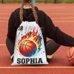 Personalised Fire Flame Baseball Basketball Softball Sports Ball Drawstring Backpack Bag with Name and Number Team Birthday Gift for Sports Lovers