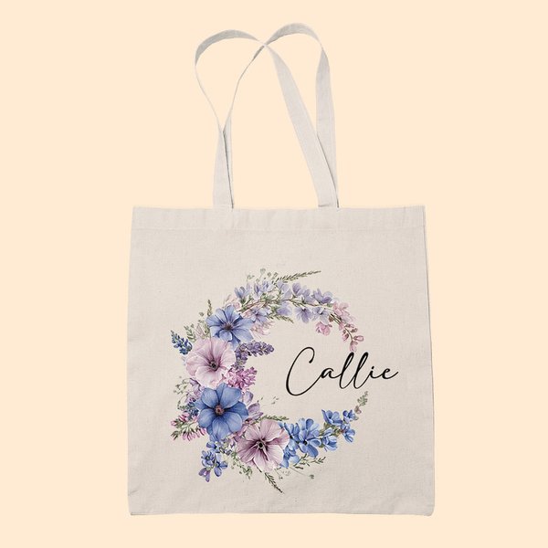 Personlig Födelseblomma Krans Canvas Tote Bag med namn Mors dag Födelsedagspresent för kvinnor