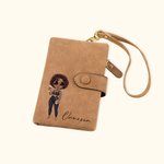 Personalised Fashion Cartoon Girl Tri-Fold PU Leather Wristlet Wallet with Card Holder and Name Birthday Christmas Gift for Women