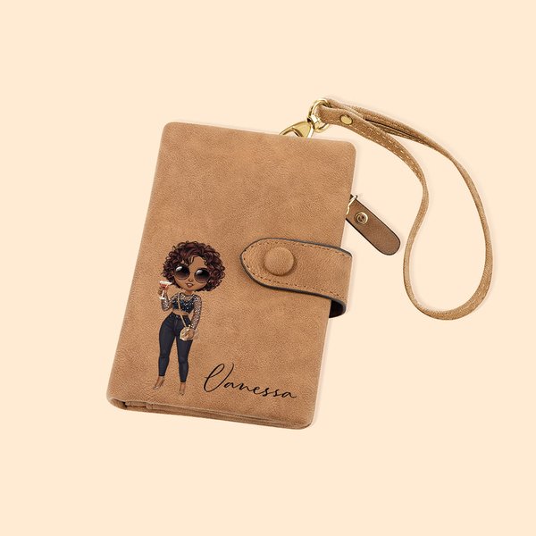 Personalizzato moda Cartoon Girl Tri-Fold PU pelle portafoglio da polso con portacarte e nome compleanno regalo di Natale per le donne