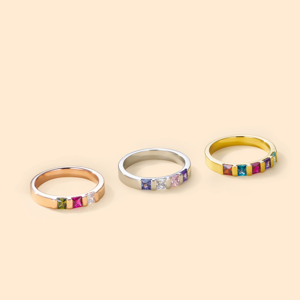 Bague personnalisée 1-6 pierres de naissance rectangulaires Bijoux de famille Fête des mères Anniversaire Noël Cadeau pour femmes