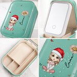 Boîte à Bijoux à Miroir LED Personnalisée avec Nom Fleur de Naissance et Personnage Cartoon Cadeau St-Valentin Noël pour Femme Fille Petite Amie