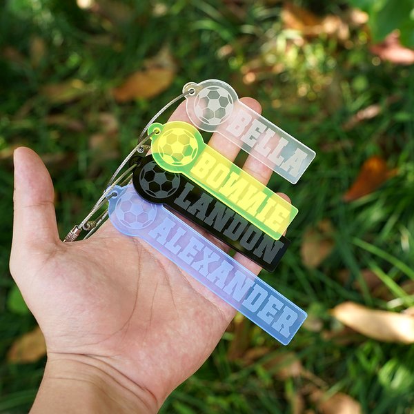 Personalised Football Theme Multicolour Fluorescent Acrylic Keychain Backpack Bottle Tag with Name Sports Birthday Gift for Football Lovers
